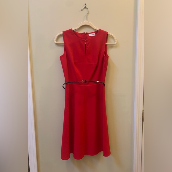 π Calvin Klein Womenβs Sleeveless Red Belted Flare Dress π - Picture 2 of 4